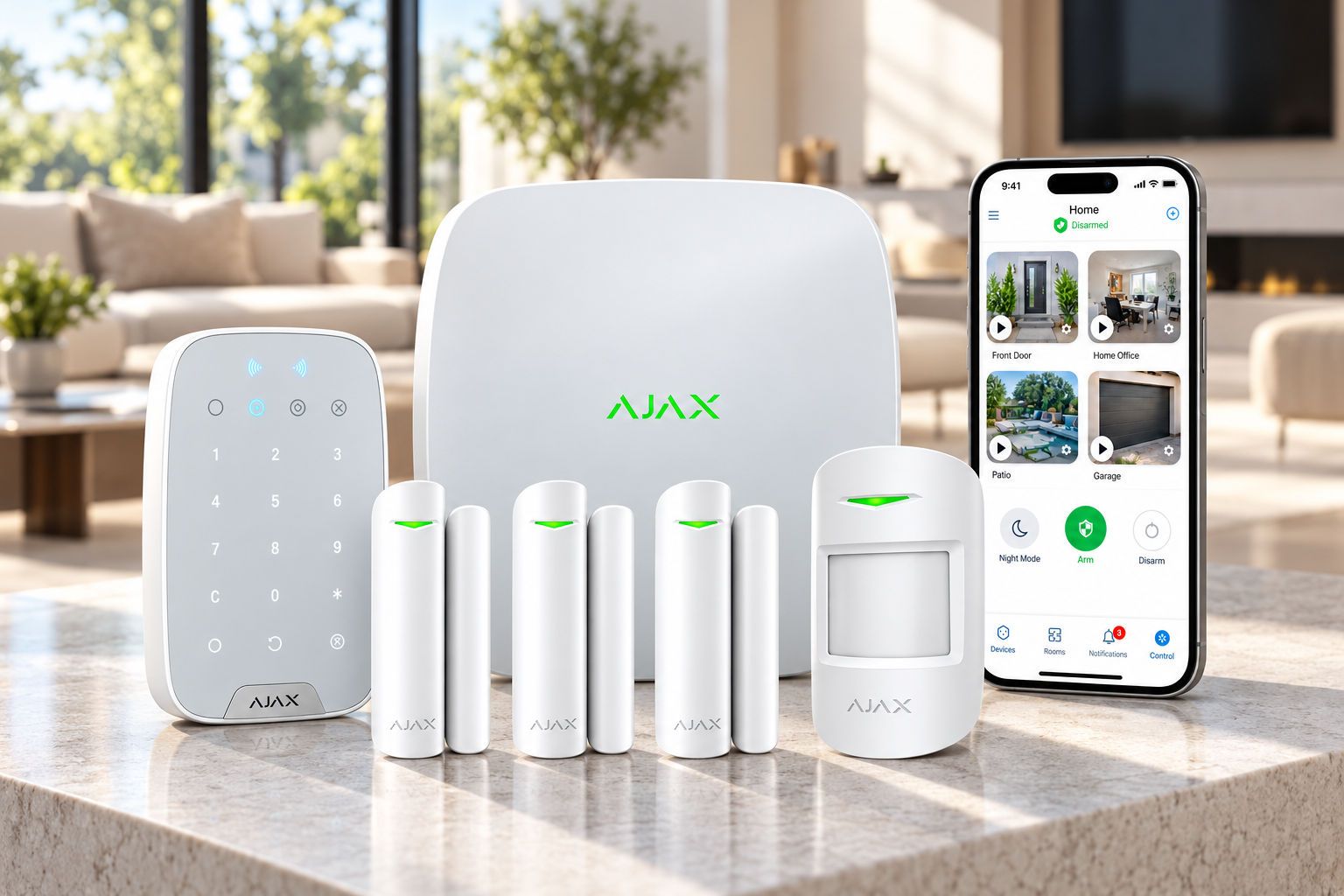 Ajax Hub 2 Plus, keypad, entry sensors and motion detector used by KLEVR